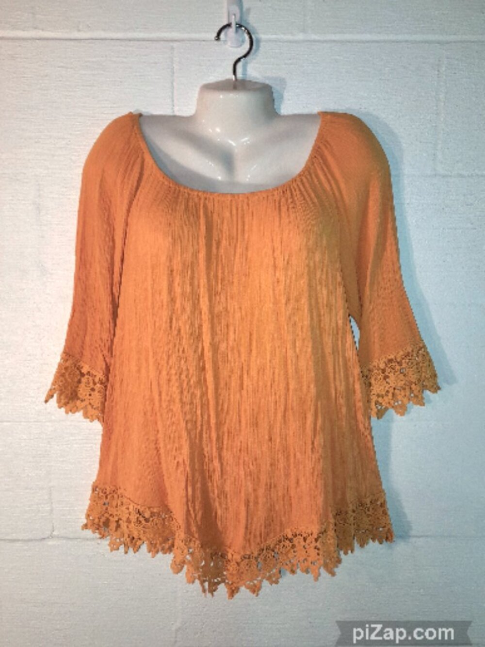 NY Collection Women's Plus 1X Boho Peasant Top Yellow Crochet Lace Trim Tunic